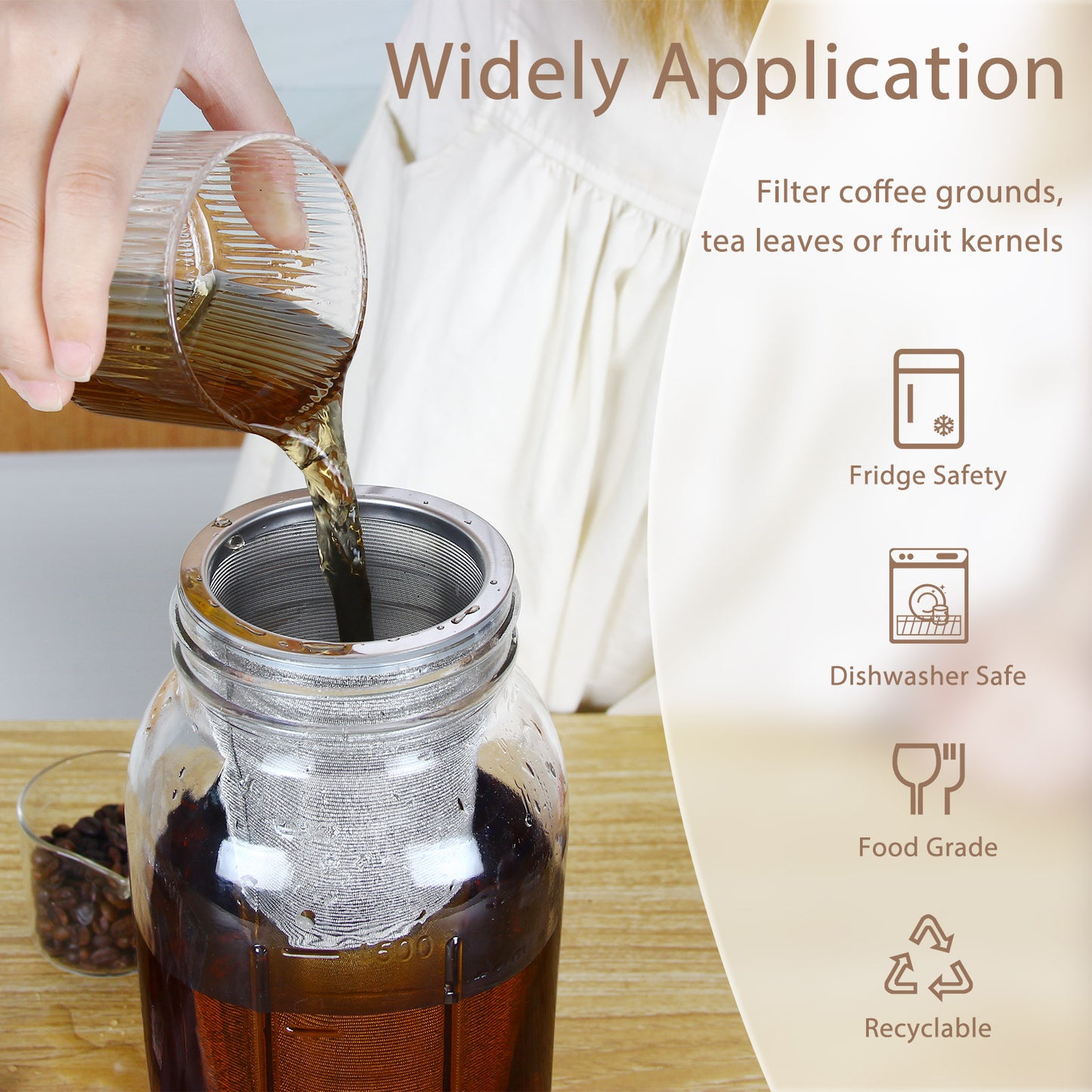 Dufvrpe Cold Brew Coffee Pitcher - 64oz Cold Brew Pitcher Thick Glass Mason Pitcher Spout Lid with Handle & Stainless Steel Filter for Iced Brew Coffee, Ice Tea, Homemade Fruit Drinks Container
