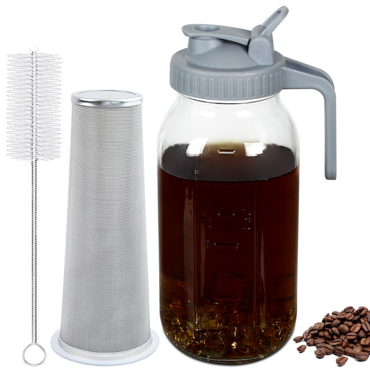 Dufvrpe Cold Brew Coffee Pitcher - 64oz Cold Brew Pitcher Thick Glass Mason Pitcher Spout Lid with Handle & Stainless Steel Filter for Iced Brew Coffee, Ice Tea, Homemade Fruit Drinks Container
